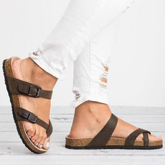 Eva | Dames Kurk Voetbed Teenring Gesp Platte Sandalen