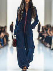 Eva | Dames Langarm Ritssluiting Wide Leg Pants Jumpsuit