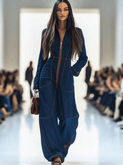 Eva | Dames Langarm Ritssluiting Wide Leg Pants Jumpsuit