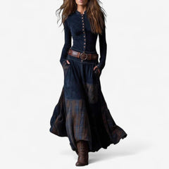 Yara | Dames Lange Mouw Jurk Patchwork Maxi Wildleer Knoop