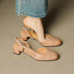 Sanne | Dames Lederen Slingback Pumps met Amandelneus en Blokhak