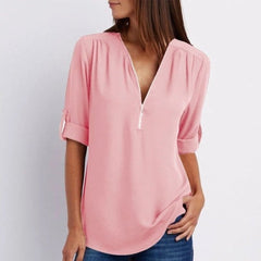 Fleur | Dames Lichtgewicht V-hals Blouse Oprolbare Mouwen Ritsluiting