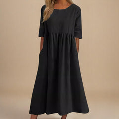 Roos | Dames Linnen Midi-jurk Halve Mouwen Empire Taille
