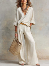Eva | Dames Linnen Relaxed-Fit Wide Leg Pants Tweedelig Set V-hals