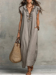 Fleur | Dames Linnen Ruffle V-hals Maxi Jurk