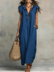 Fleur | Dames Linnen Ruffle V-hals Maxi Jurk