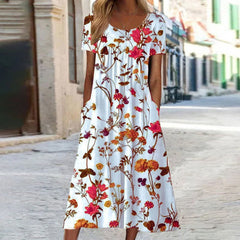 Sophie | Dames Losse Bloemenprint Midi-jurk met Korte Mouwen