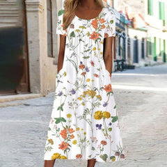 Sophie | Dames Losse Bloemenprint Midi-jurk met Korte Mouwen