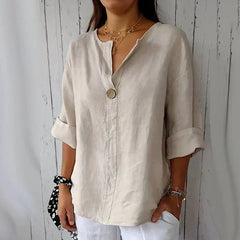Nina | Dames Losvallende Linnen V-hals Blouse Houten Knoop