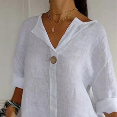 Nina | Dames Losvallende Linnen V-hals Blouse Houten Knoop