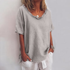 Nina | Dames Loszittende Ruches Katoenen Blouse met Korte Mouwen