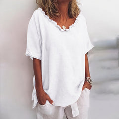 Nina | Dames Loszittende Ruches Katoenen Blouse met Korte Mouwen