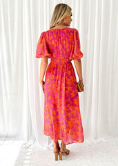 Anna | Dames Luchtige Midi Jurk Bloemenprint Pofmouwen V-hals