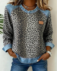 Lotte | Dames Luipaardprint Denim Patchwork Sweater Ronde Hals