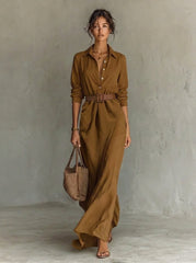 Mila | Dames Maxi Long Sleeve Dress Gesmockte Taille Hemdsjurk