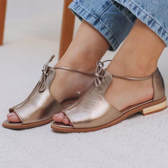 Tessa | Dames Metallic Open Teen Sandalen Strikbandje Plat