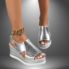 Lieke | Dames Metallic Platform Sleehak Sandalen Gouden Ketting Enkelband