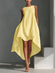 Lisa | Dames Mouwloze Linnen Midi-jurk Asymmetrische Zoom Relaxed Fit