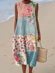 Yara | Dames Mouwloze Patchwork Bloemenprint Midi Jurk