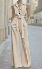Lisa | Dames Mouwloze Wijdpijp Jumpsuit Strikceintuur