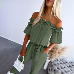 Lotte | Dames Off-Shoulder Ruche Strikceintuur Jumpsuit