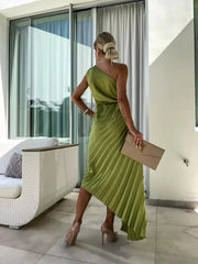 Elin | Dames One-Shoulder Geplisseerde Maxi Jurk