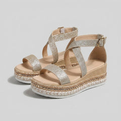 Anna | Dames Open-Teen Metallic Plateausandalen Verstelbare Enkelband