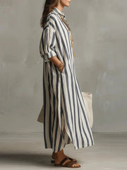 Fleur | Dames Oversized Linnen Gestreepte Maxi Blousejurk