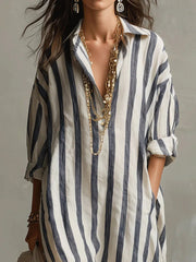 Fleur | Dames Oversized Linnen Gestreepte Maxi Blousejurk
