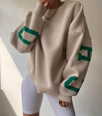 Sara | Dames Oversized Varsity-Print Fleece Crewneck Sweater