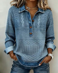 Nina | Dames Relaxed-Fit Half-Button Gestructureerde Sweatshirt met Kraag