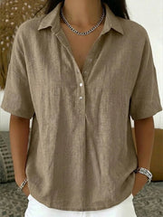 Olivia | Dames Relaxed-Fit Korte Mouw Linnen Blouse met Knoopsluiting