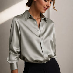 Femke | Dames Satijn Blouse Lange Mouw Knoopsluiting Puntkraag