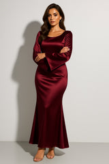 Lieke | Dames Satijn Lange Mouw Scoop Neck Fishtail Maxi Jurk