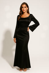 Lieke | Dames Satijn Lange Mouw Scoop Neck Fishtail Maxi Jurk