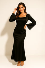 Lieke | Dames Satijn Lange Mouw Scoop Neck Fishtail Maxi Jurk