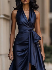 Nina | Dames Satijnen Halter Cocktail Party Dress Wikkelrok Ruches Maxi