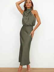 Lotte | Dames Satijnen Halter Midi Cocktail Party Dress Elegante Avondjurk