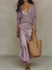 Lotte | Dames Satijnen Midi Long Sleeve Dress met Gebreide Pullover