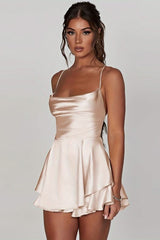 Lotte | Dames Satijnen Ruffle-Skirt Cocktailjurk Vierkante Hals