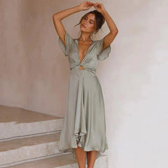 Roos | Dames Satin Midi-jurk Diepe V-hals Vlindermouw Asymmetrische Zoom