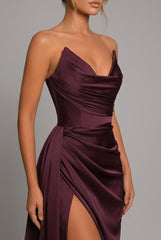 Nina | Dames Strapless Satijnen Maxi-jurk Geplooid Sweetheart Split