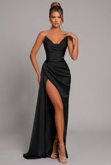 Nina | Dames Strapless Satijnen Maxi-jurk Geplooid Sweetheart Split