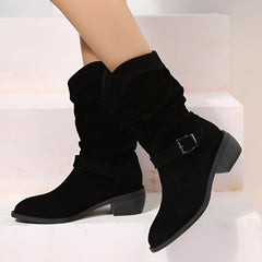 Elin | Dames Suède Slouchy Knee High Boots Ritssluiting Gesp