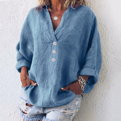 Eva | Dames Sweater Oversized Katoenen Linnen Blouse V-hals Knopen
