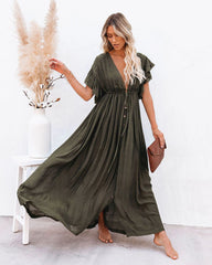 Lisa | Dames V-hals Knoopsluiting Maxi-jurk met Korte Mouwen