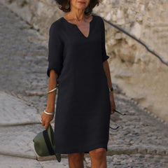 Yara | Dames V-hals Midi-jurk met Driekwart Mouw Linnen Look