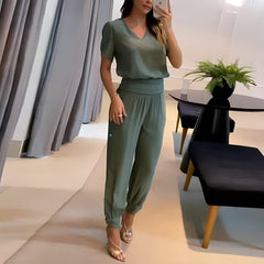 Sophie | Dames V-hals Wide Leg Two-piece Set Korte Mouwen