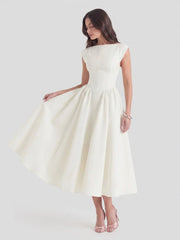Elin | Dames Vintage Bateau-Hals Midi Satijn Jurk