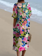 Lieke | Dames Vintage Bloemenprint V-hals Midi-jurk